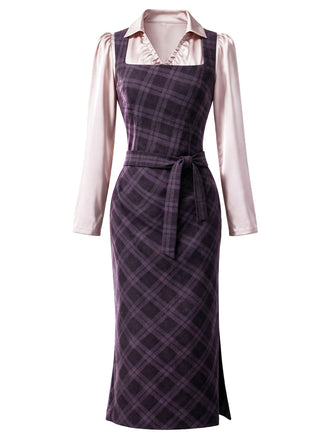 [Prévente] Ensemble 2 pièces robe crayon à carreaux violets et blouse en satin froncée à cordon années 1960 - 2