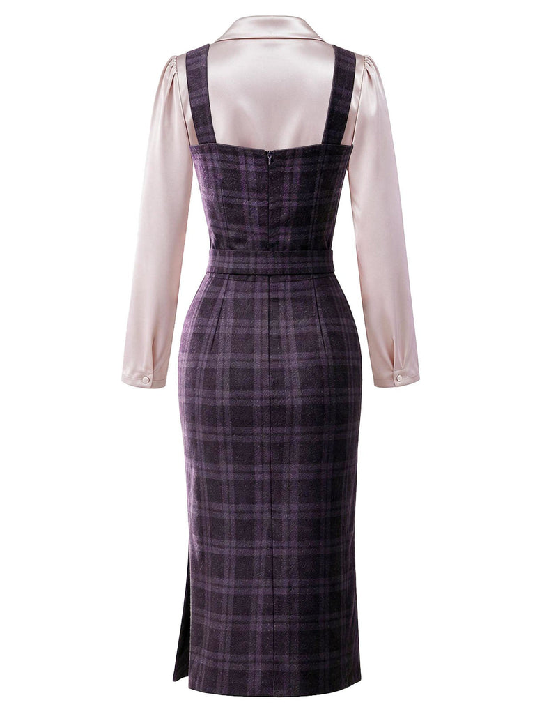 [Prévente] Ensemble 2 pièces robe crayon à carreaux violets et blouse en satin froncée à cordon années 1960 - 3
