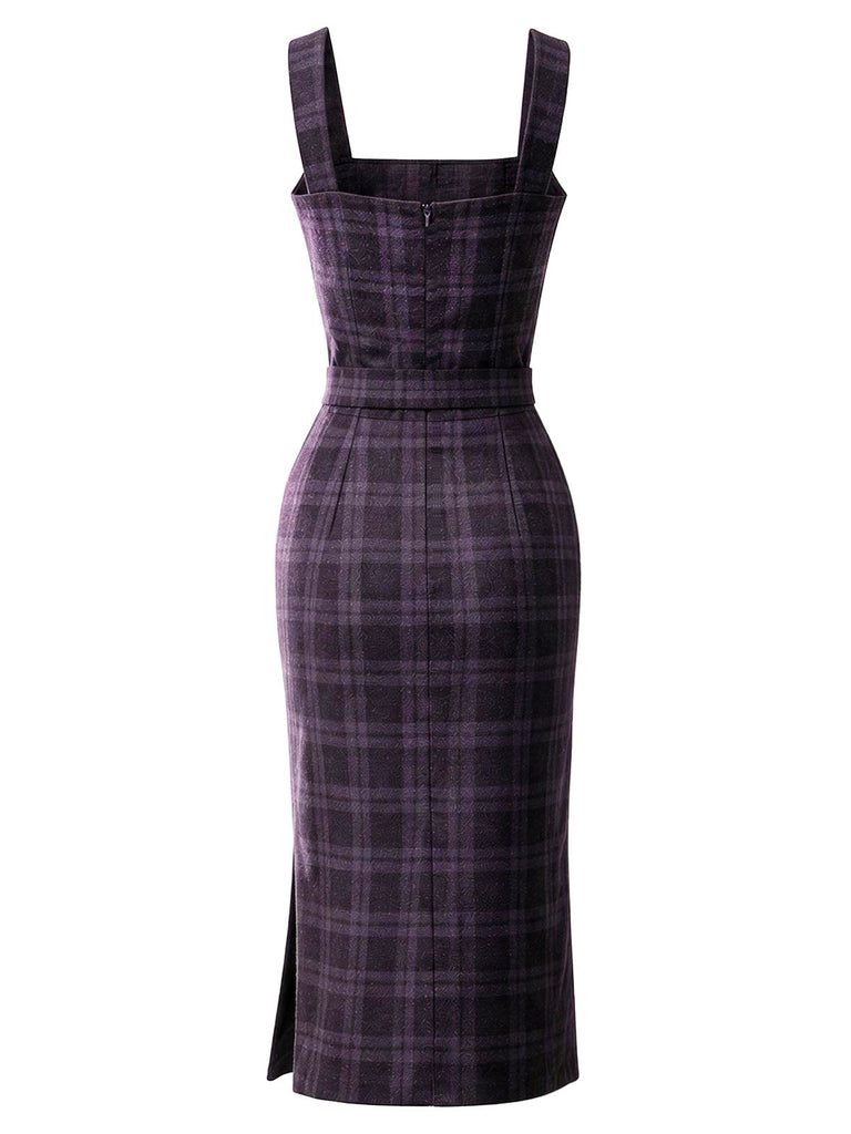 [Prévente] Ensemble 2 pièces robe crayon à carreaux violets et blouse en satin froncée à cordon années 1960 - 7