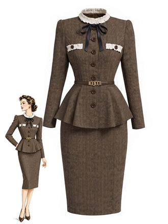 [Prévente] Ensemble 2 pièces veste à col montant et volants et jupe crayon à chevrons années 1940 - 1