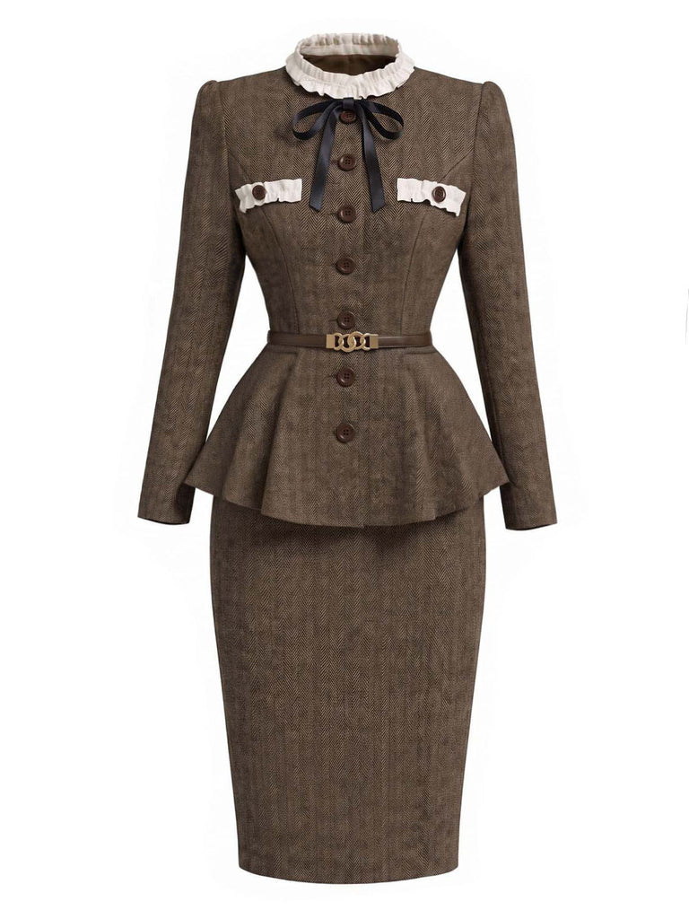[Prévente] Ensemble 2 pièces veste à col montant et volants et jupe crayon à chevrons années 1940 - 2
