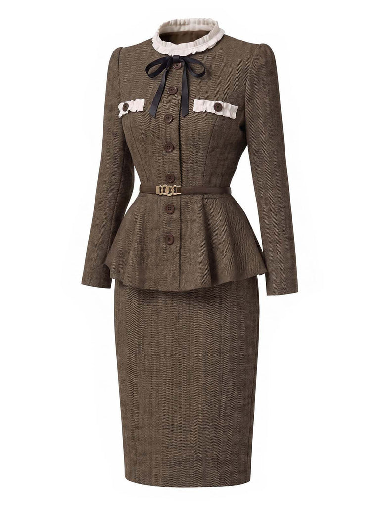 [Prévente] Ensemble 2 pièces veste à col montant et volants et jupe crayon à chevrons années 1940 - 3