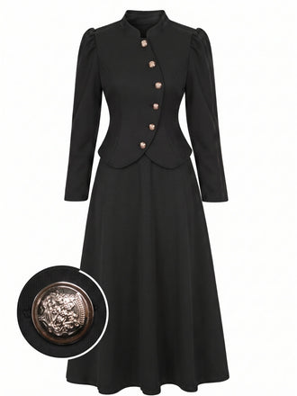 Ensemble 2 pièces veste blazer noire à col mandarin et jupe années 1940 - 1