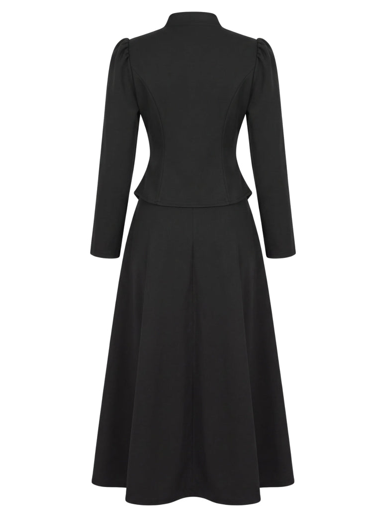 Ensemble 2 pièces veste blazer noire à col mandarin et jupe années 1940 - 3
