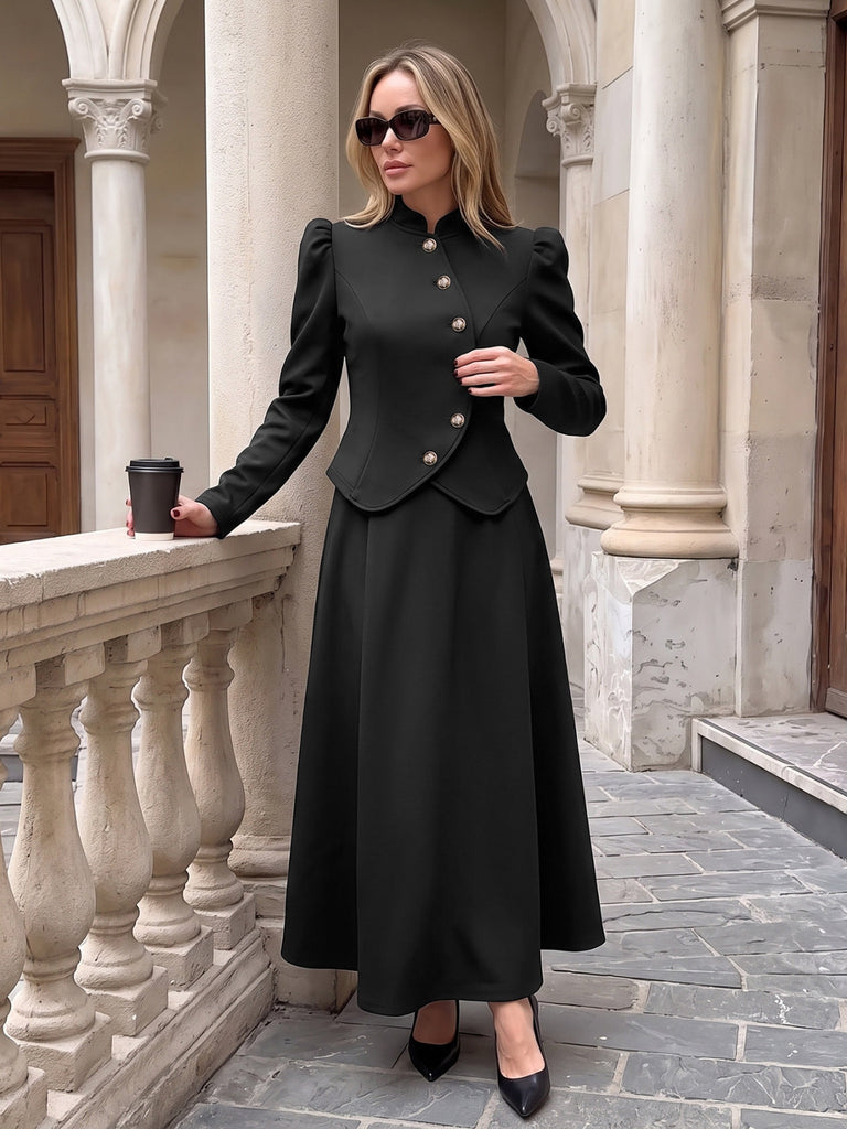 Ensemble 2 pièces veste blazer noire à col mandarin et jupe années 1940 - 5