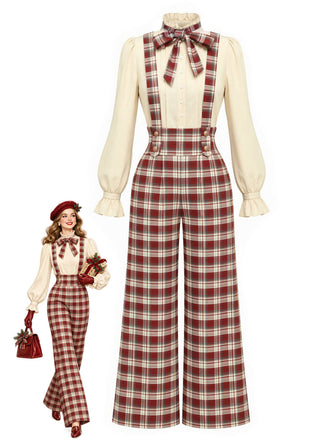 [Prévente] Ensemble blouse à nœud et pantalon large à bretelles à carreaux rouges années 1970 - 1