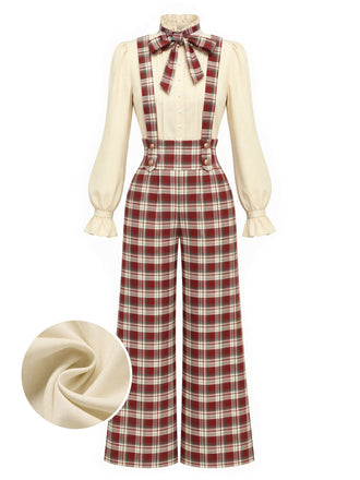 [Prévente] Ensemble blouse à nœud et pantalon large à bretelles à carreaux rouges années 1970 - 2
