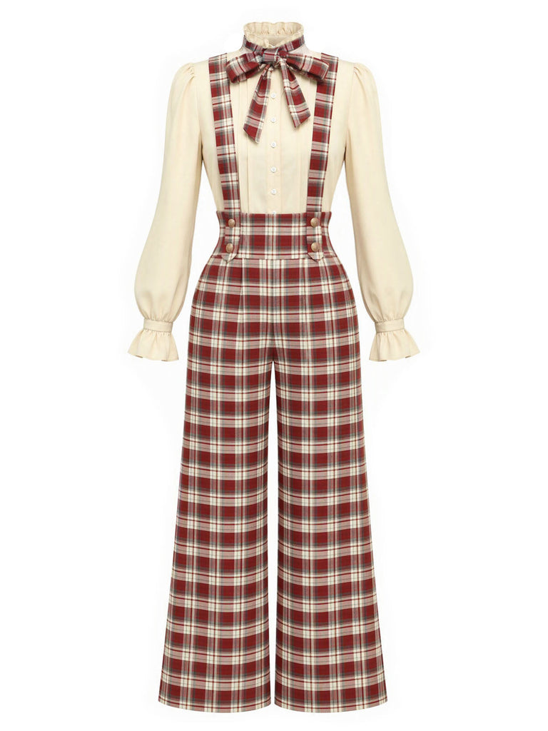 [Prévente] Ensemble blouse à nœud et pantalon large à bretelles à carreaux rouges années 1970 - 3