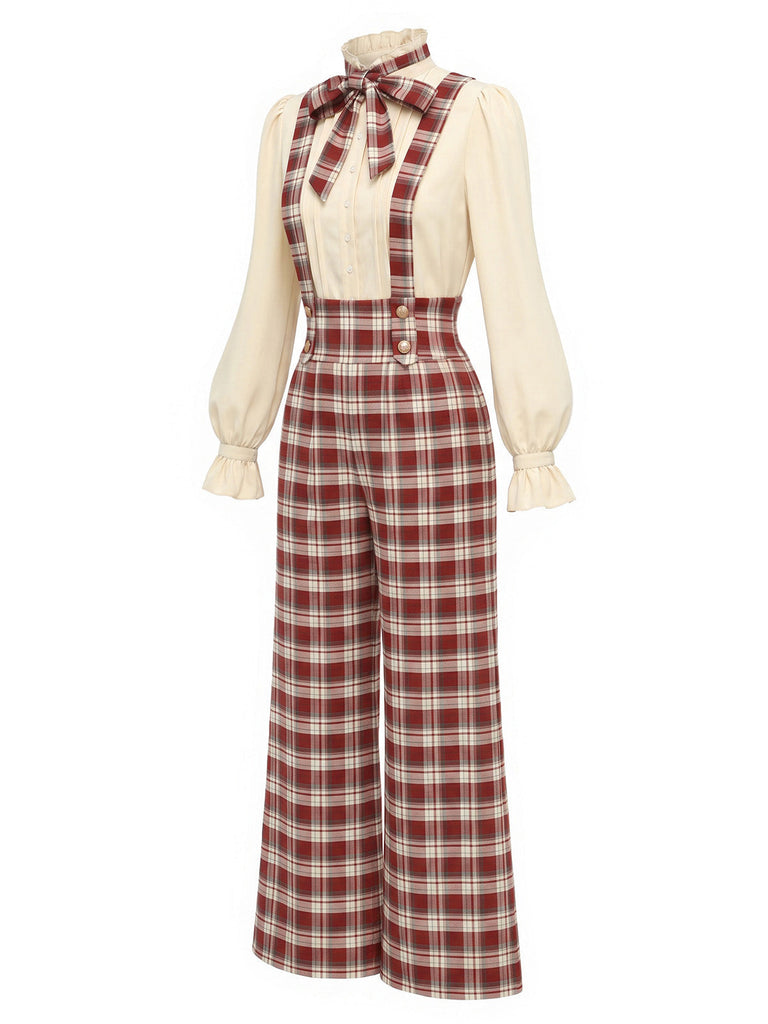 [Prévente] Ensemble blouse à nœud et pantalon large à bretelles à carreaux rouges années 1970 - 4