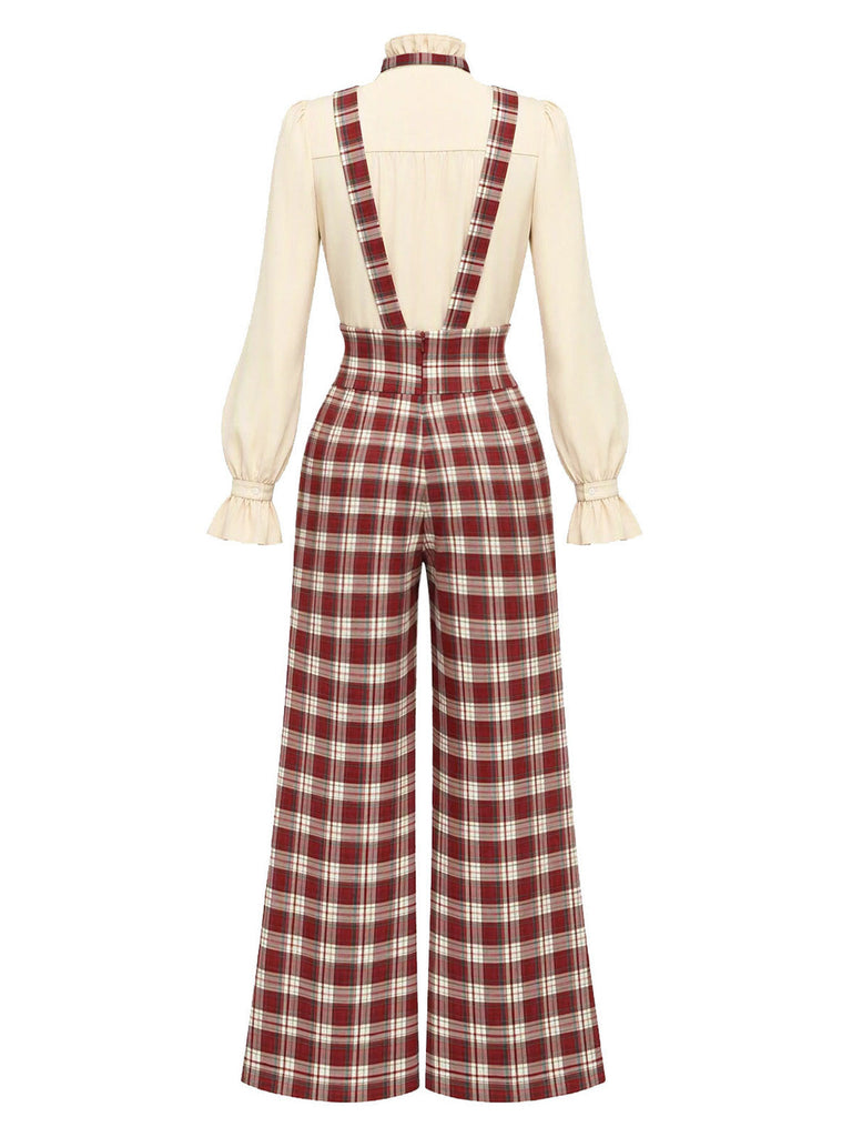 [Prévente] Ensemble blouse à nœud et pantalon large à bretelles à carreaux rouges années 1970 - 5