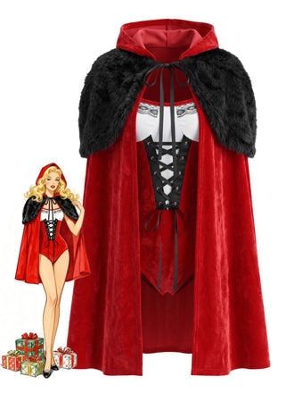 Ensemble body rouge en velours à nouer et cape à capuche Années 1940 - 1