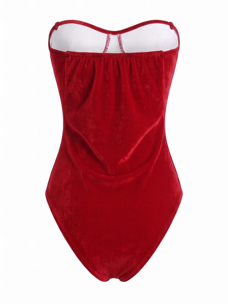 Ensemble body rouge en velours à nouer et cape à capuche Années 1940 - 2