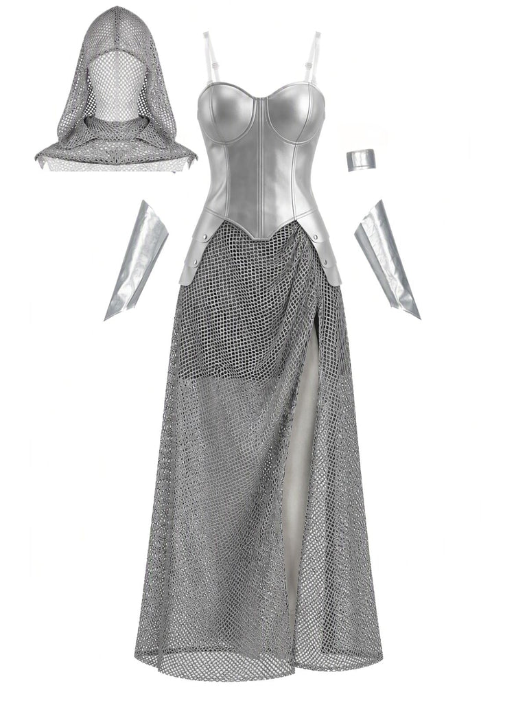Ensemble déguisement de chevalier médiéval argenté effet cotte de mailles pour Halloween Années 1970 - 3