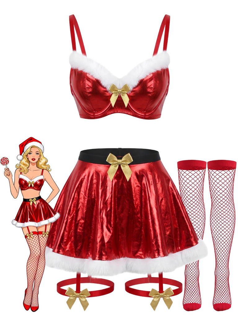 Ensemble Lingerie de Noël Rouge Métallisée à Fourrure et Nœud Style Mère Noël Années 1950 - 1
