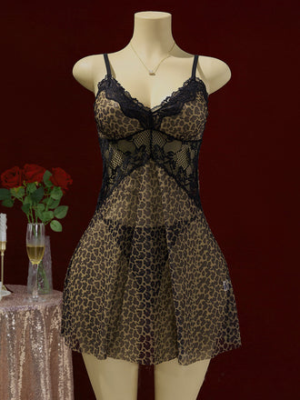 Ensemble nuisette marron imprimé léopard à bordure en dentelle transparente années 1950 - 1