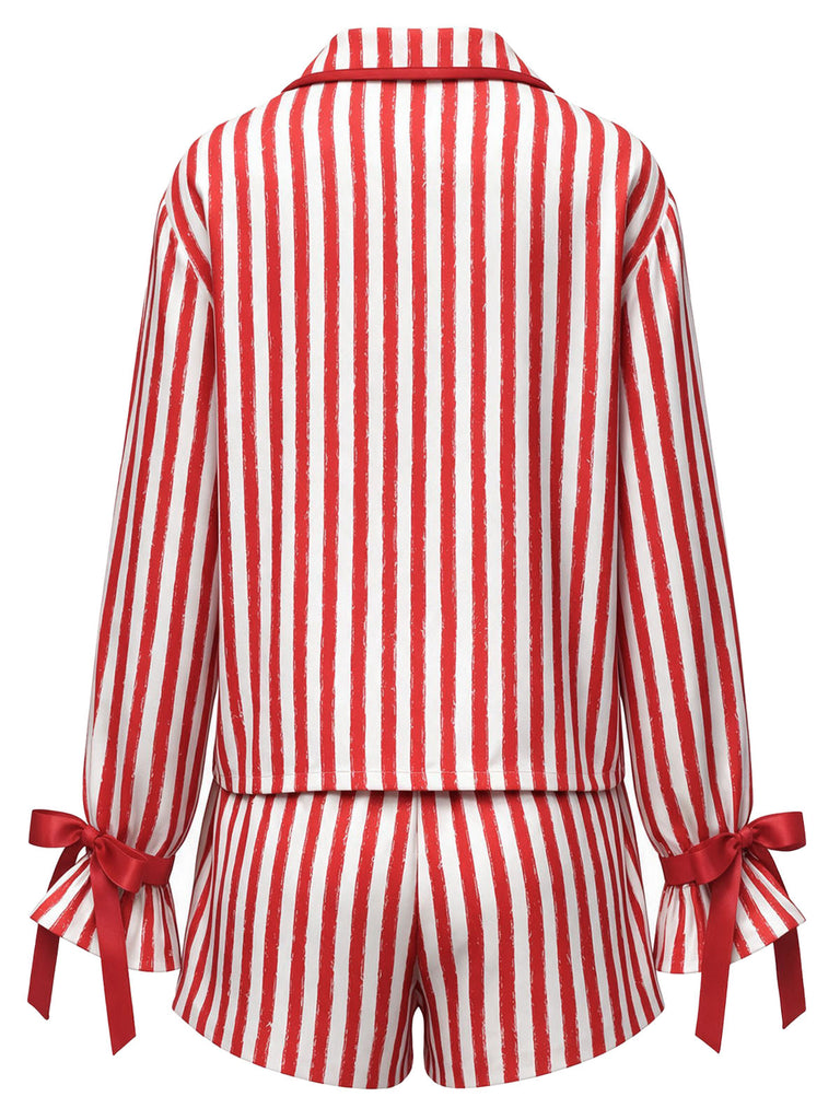 [Prévente] Ensemble pyjama avec short à rayures verticales rouges et blanches et rubans Années 1950 - 2