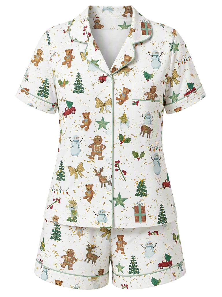 [Prévente] Ensemble Pyjama Blanc de Noël Imprimé à Manches Courtes Années 1970 - 1