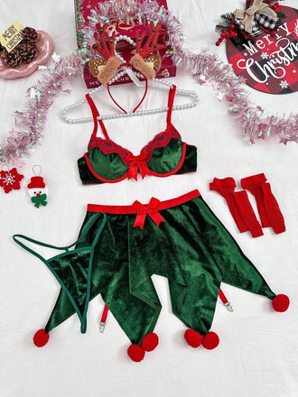 Ensemble Pyjama de Noël Vert à Caraco Style Elfe Années 1960 - 2