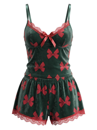 Ensemble pyjama de Noël vert en velours imprimé nœuds années 1950 - 1