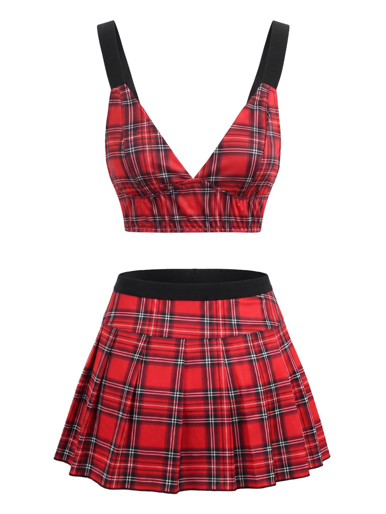 Ensemble pyjama rouge à carreaux, haut à décolleté profond et jupe plissée années 1960 - 2