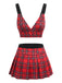Ensemble pyjama rouge à carreaux, haut à décolleté profond et jupe plissée années 1960 - 2