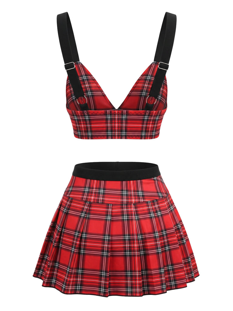 Ensemble pyjama rouge à carreaux, haut à décolleté profond et jupe plissée années 1960 - 3