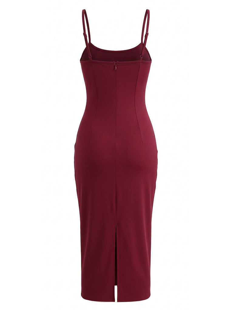 Ensemble Robe Crayon Bordeaux Froncée à Fines Bretelles et Haut Transparent Années 1960 - 5