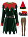 Ensemble robe de Noël rouge et verte en velours à rayures et pompons années 1940 - 1