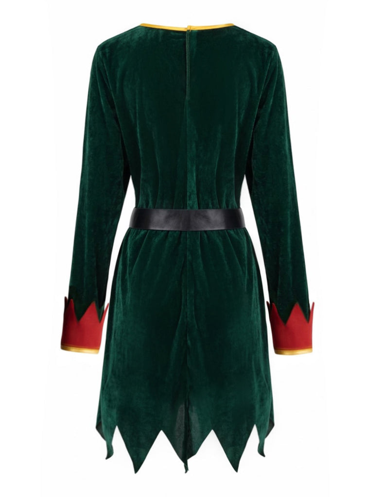 Ensemble robe de Noël rouge et verte en velours à rayures et pompons années 1940 - 3