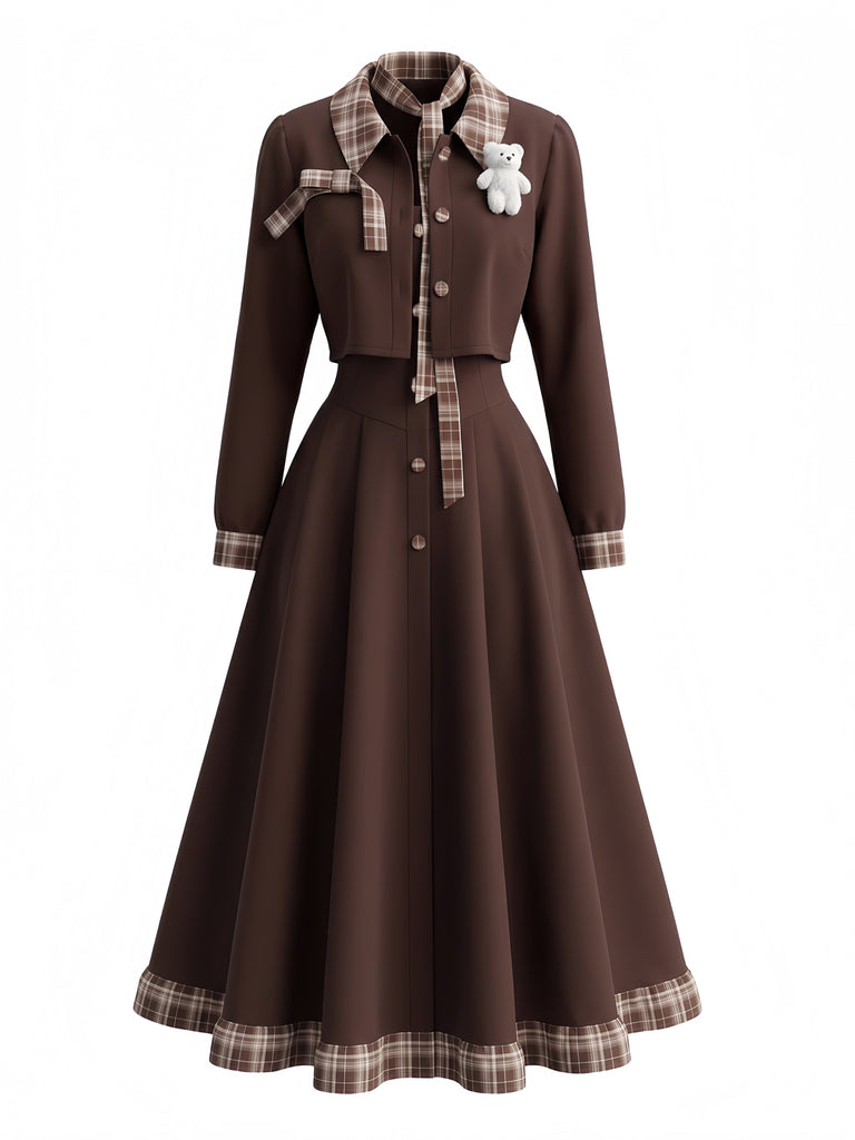 Ensemble Robe Marron à Fines Bretelles et Veste Courte à Bordures à Carreaux Années 1940 - 2