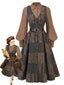 [Prévente] 2PCS Robe Sans Manches Marron à Carreaux avec Ceinture et Blouse Années 1940