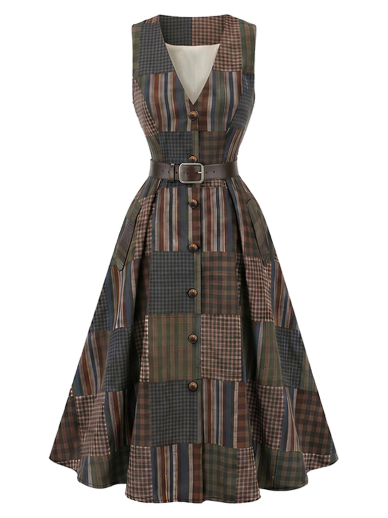 [Prévente] Ensemble Robe Sans Manches Marron à Carreaux et Empiècements avec Ceinture et Blouse Années 1940 - 4