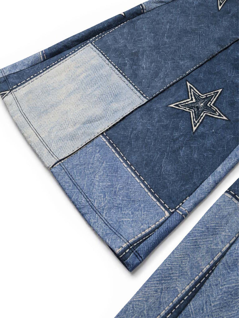 [Prévente] Ensemble veste en suédine à étoiles et franges et pantalon évasé imprimé denim années 1970 - 13