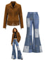 [Prévente] Ensemble veste en suédine à étoiles et franges et pantalon évasé imprimé denim années 1970