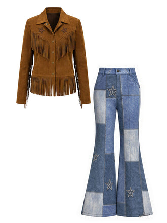 [Prévente] Ensemble veste en suédine à étoiles et franges et pantalon évasé imprimé denim années 1970 - 2