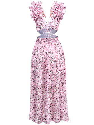 Robe fleurie rose découpée à volants col en V profond des années 1970