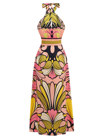 Robe dos nu à fleurs style bohème avec ceinture des années 1970