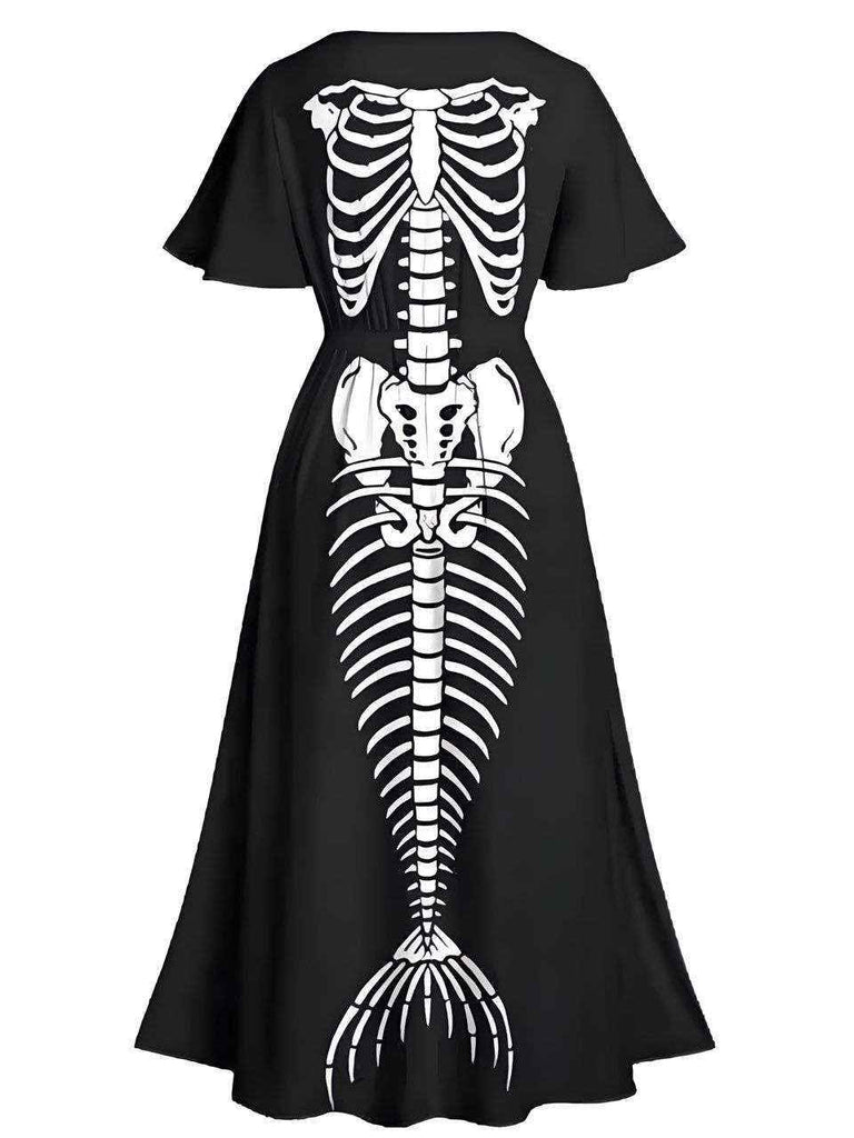 [Prévente] Robe longue fendue noire imprimé squelette d'Halloween des années 1950