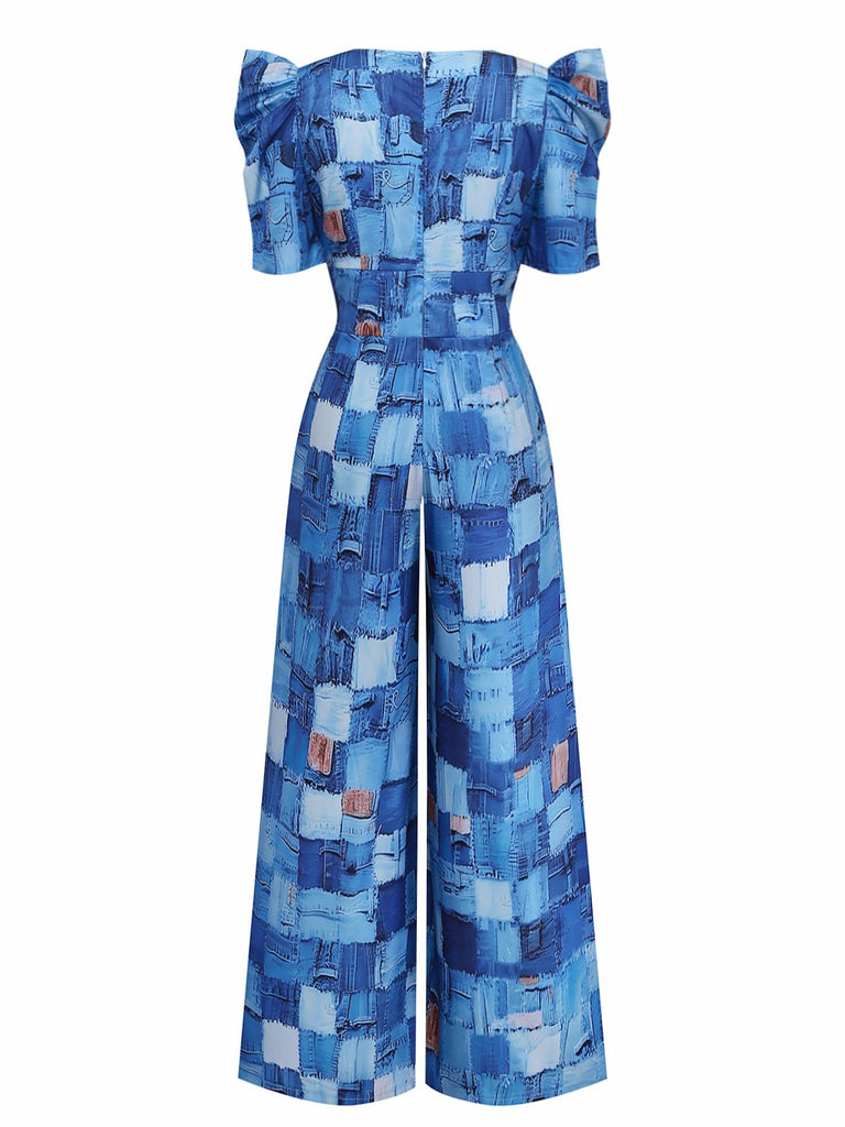 Combinaison col V manches bouffantes bleue 1940s