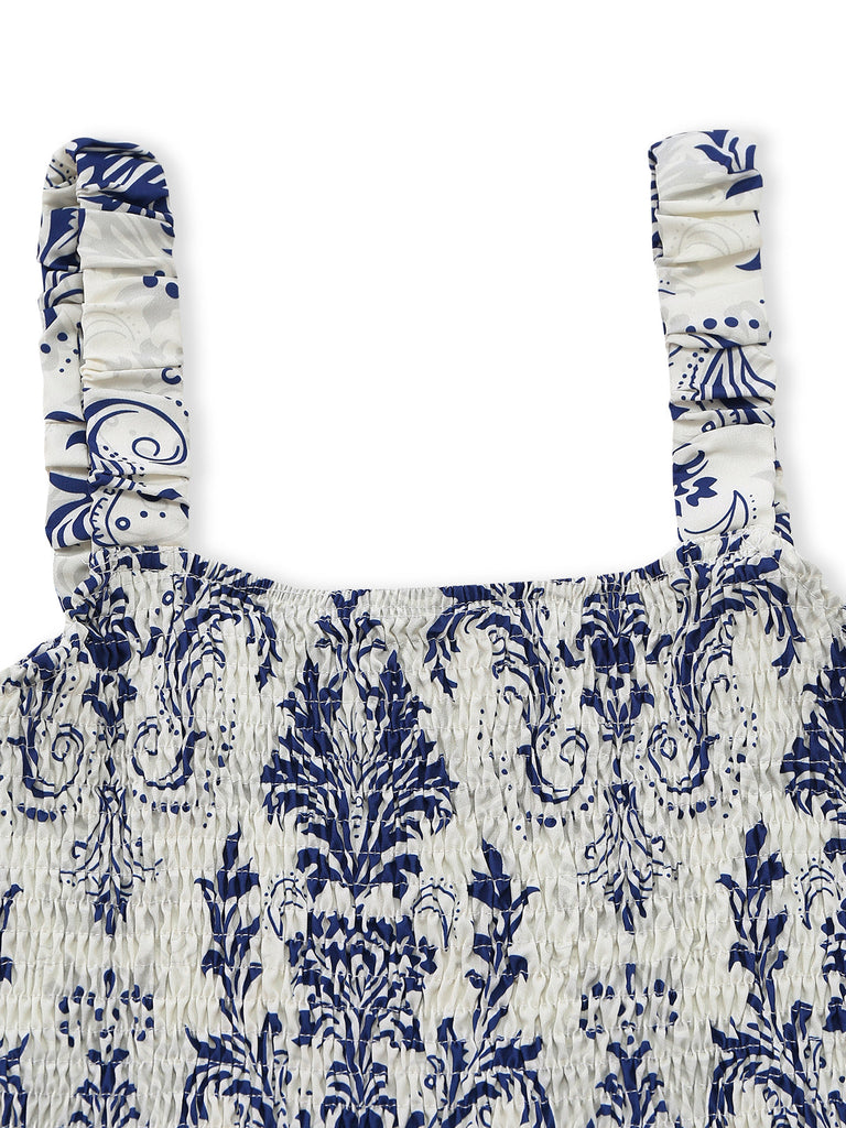 Bleu Baroque Smocké Bretelles Combishort Années 1970 4