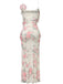 Rear view of the pink floral maxi dress showcasing the low-back design and floor-length hemline.