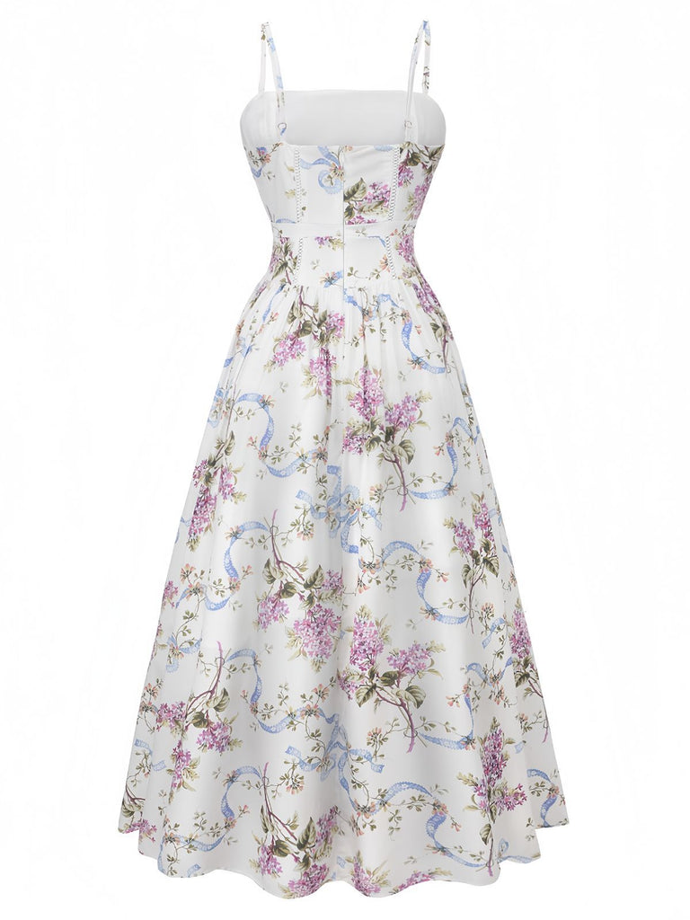 Rear view of the floral A-line dress showcasing the high-back design and seamless floral pattern.