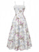 Rear view of the floral A-line dress showcasing the high-back design and seamless floral pattern.