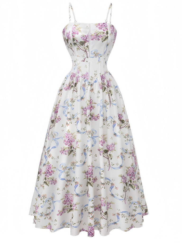 Front studio view of the white floral midi dress highlighting the structured bodice and full flared skirt.