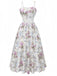 Front studio view of the white floral midi dress highlighting the structured bodice and full flared skirt.