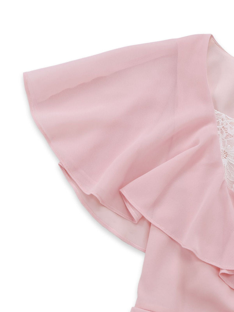Detailed shot of the layered flutter ruffle sleeves, emphasizing the sheer and breathable chiffon material.