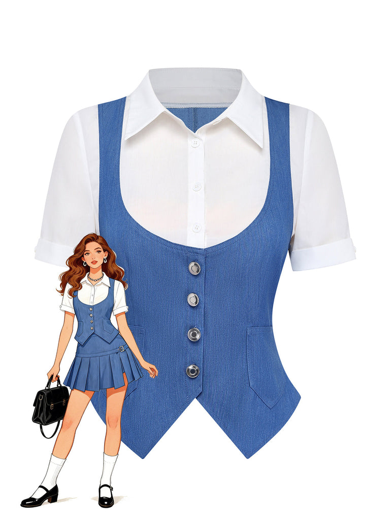 Illustration d'une personne portant un gilet bleu sur une chemise blanche et une jupe.