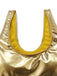 Close-up of the scoop neckline and inner yellow lining of the metallic gold bikini top.