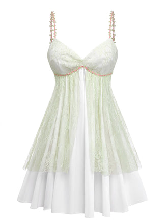 Elegant green 1950s-inspired double layer nightdress with lace rose strap embellishments, perfect for vintage sleepwear and romantic nights