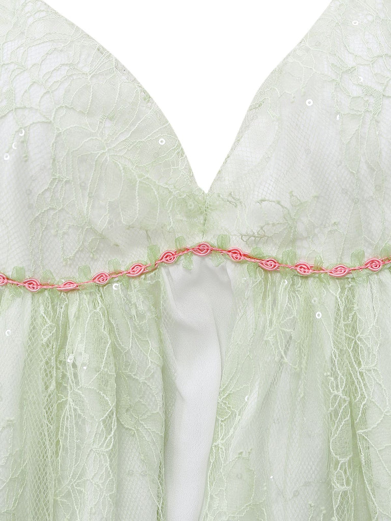 Light green lace nightdress with pink Rose Strap on a white background